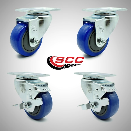 Service Caster 3 Inch SS Blue Polyurethane Swivel Top Plate Caster Set with 2 Brakes SCC SCC-SS20S314-PPUB-BLUE-2-TLB-2